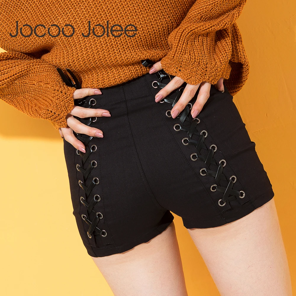 Jocoo Jolee сексуальные летние женские джинсовые шорты новые черные рваные короткие джинсы с высокой талией женские шорты на шнуровке сзади