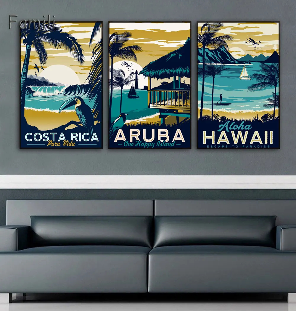 Гавайский морской пляж Aruba винтажный минималистичный художественный холст