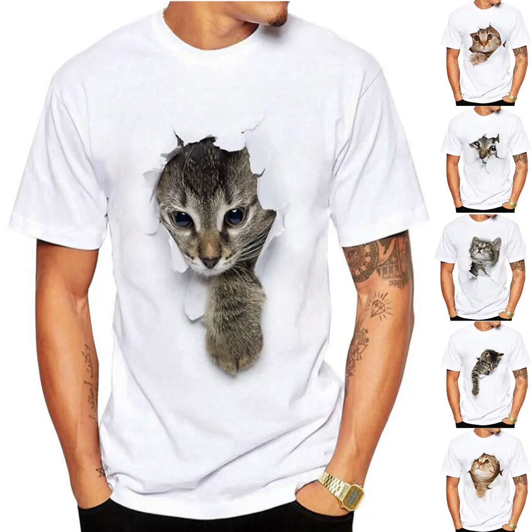 Мужские летние топы с коротким рукавом футболки 3D рисунком кота мужская