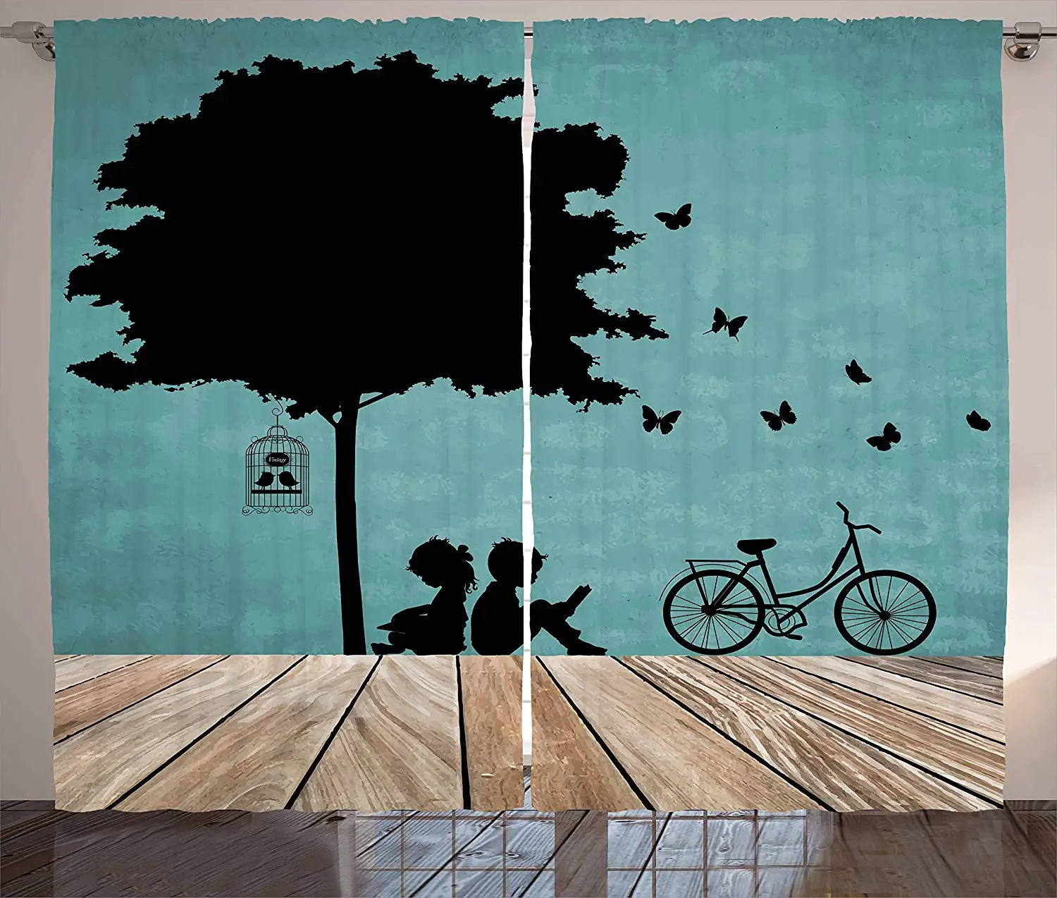 Kids Curtains Boy and Girl Children Reading Under a Tree with a Bird Cage and Bicycle Living Room Bedroom Window Drapes Pale