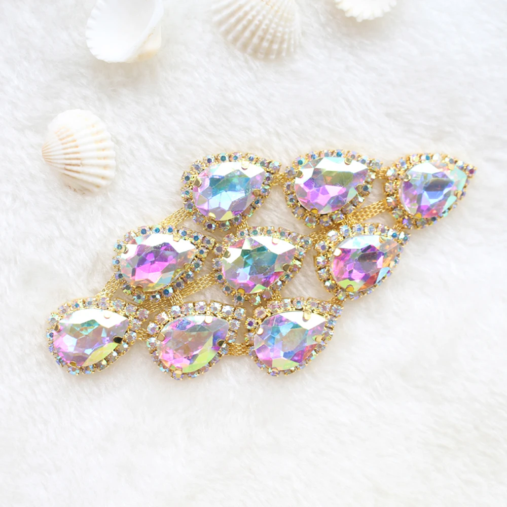 

Rhinestone applique 1pcs/lot crystalAB gold base 11cm luxury clear crystal strass stones Gold base sew on rhinestone for clothes