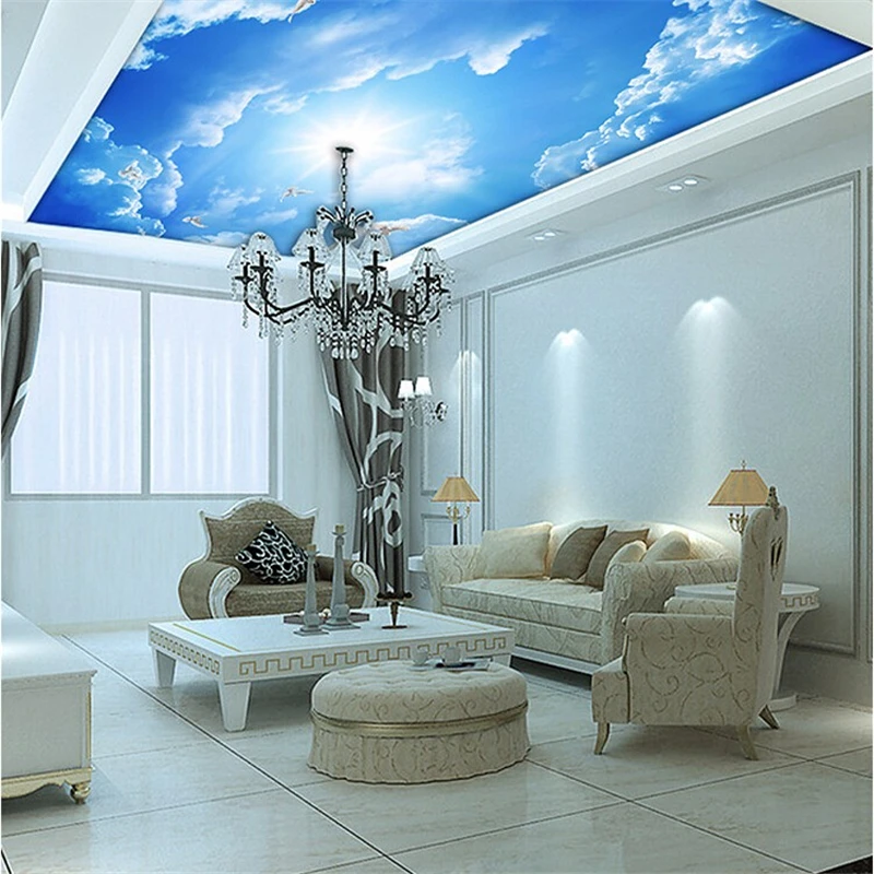 Фотообои Beibehang с облаками небесно-голубым и белым интерьером Потолочная верхняя