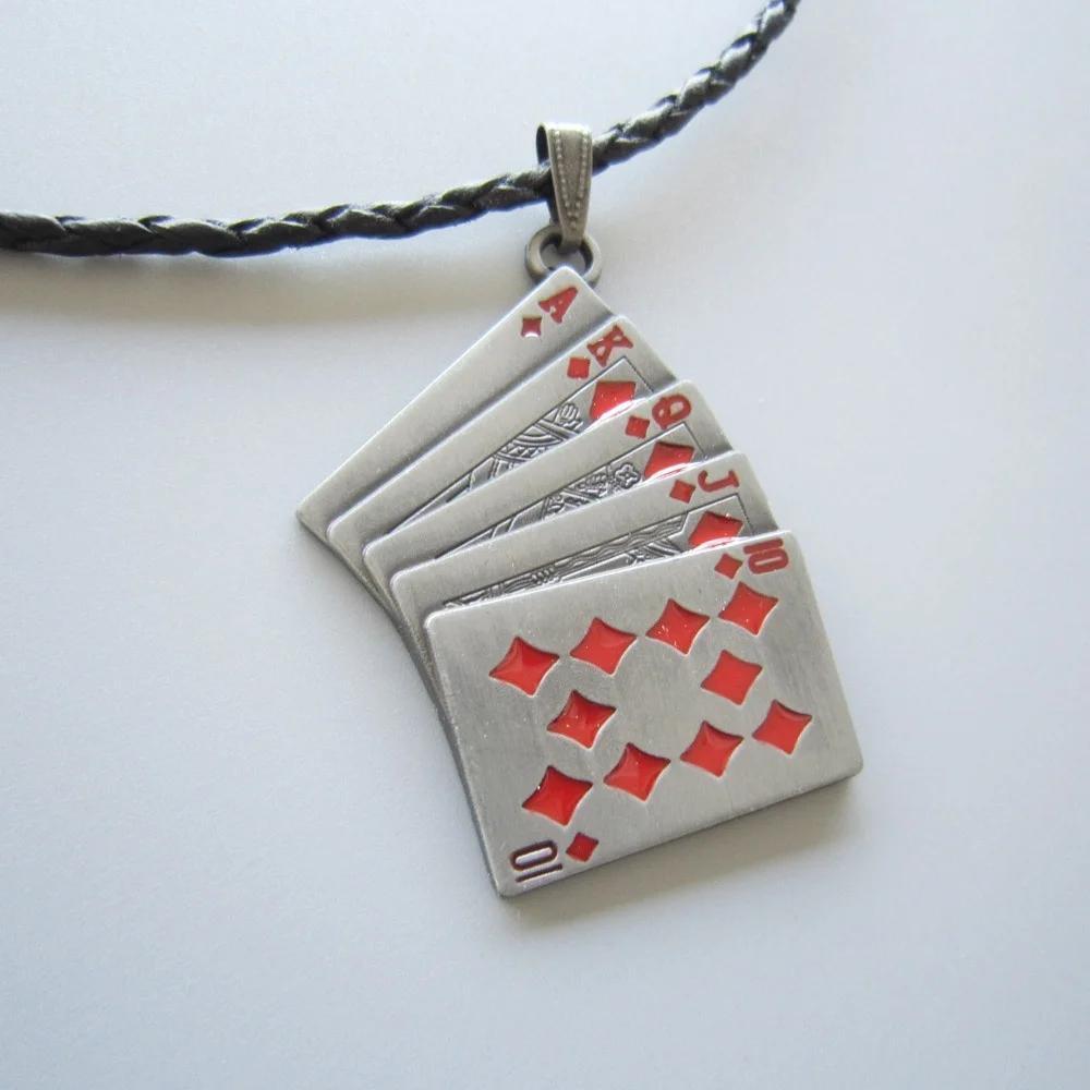 

Red Enamel Royal Flush Poker Card Metal Charm Pendant Leather Necklace Neck Tie