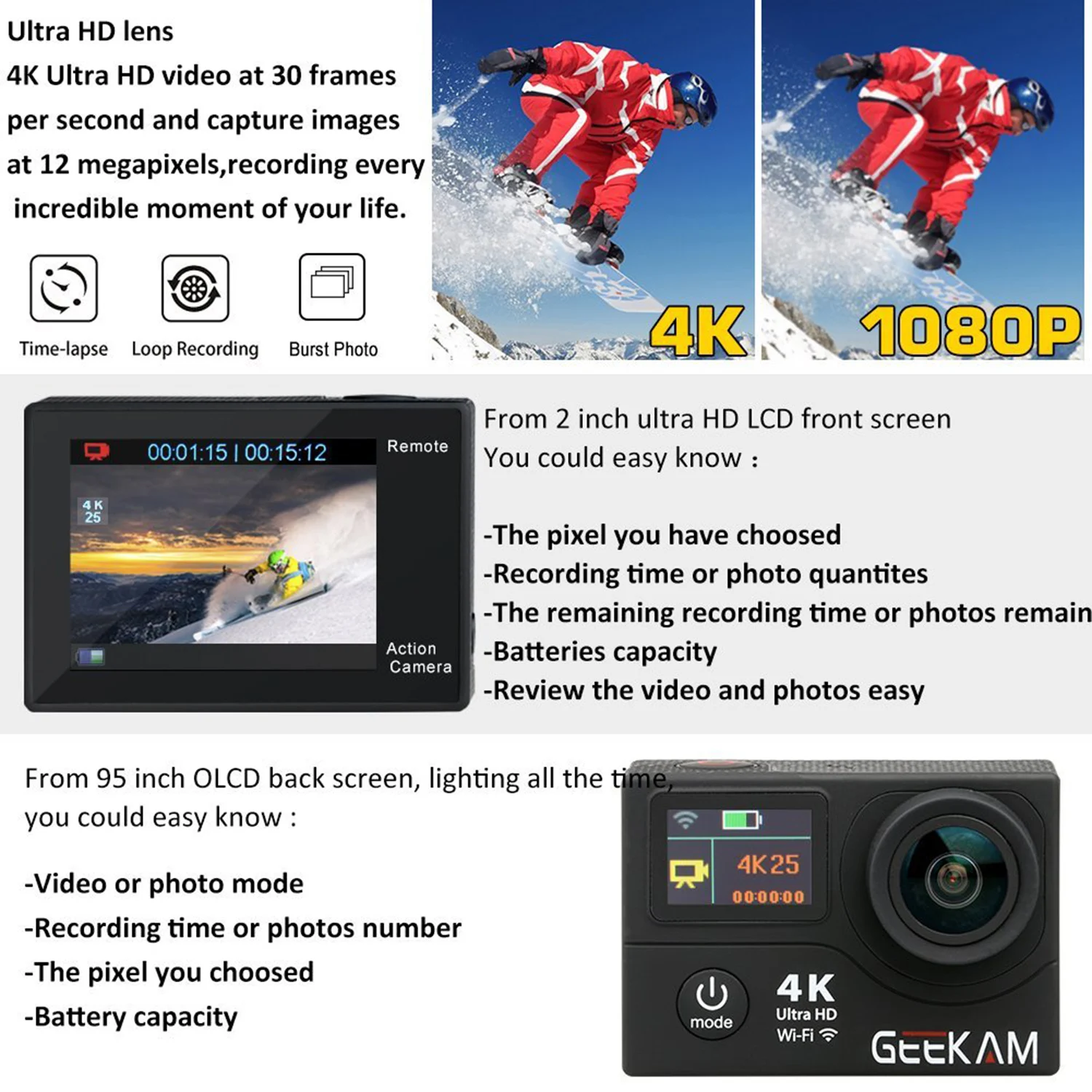 GEEKAM Спорт Водонепроницаемая камера 4 К HD WIFI подводный DV цифровой камеры
