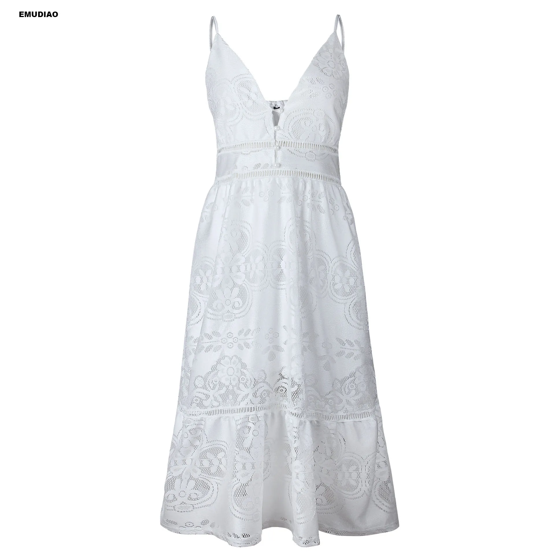 Sexy Lace Spaghetti Strap White Dress Women Elegant Summer Fashion V-Neck Sleeveless Evening Party | Женская одежда