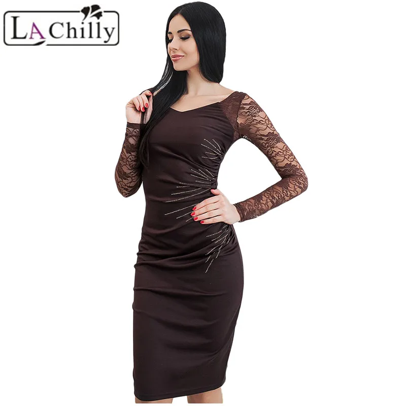 La chilly sukienka Vestido миди пикантные красные черные Кружево с длинным рукавом Вышивка