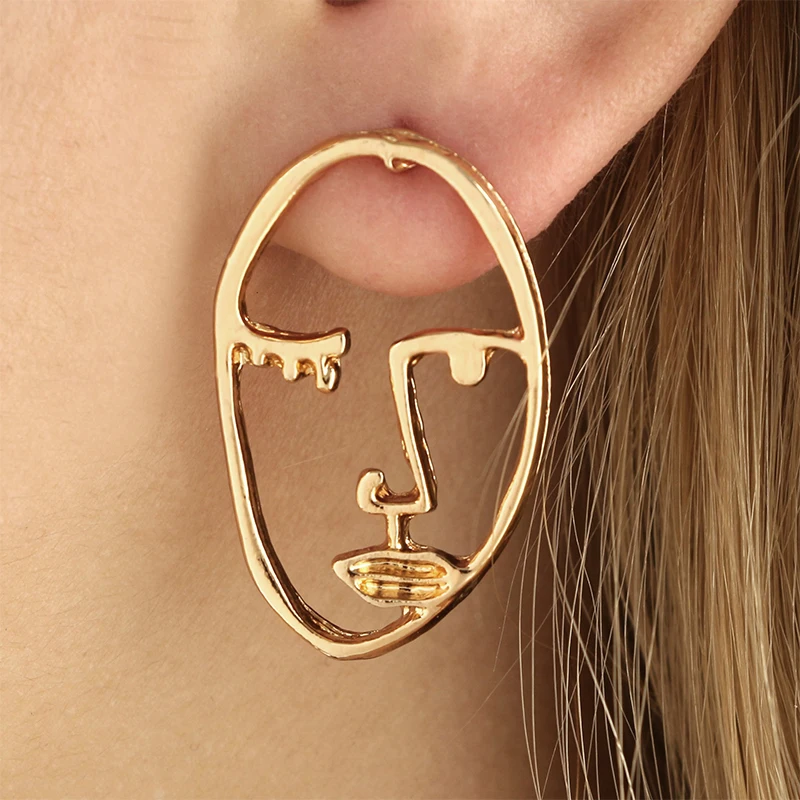 PrePiece 2019 Personalized Gold Cool Face Stud Earrings For Women Vintage Metal Jewelry Chic Body Statement Big PE1409 | Украшения и