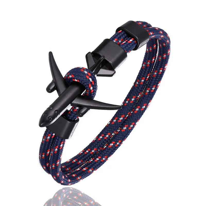 Black Dark Blue Модный мужской браслет с якорем и самолетом для женщин, свободный Скай, веревка для выживания, браслеты с подвесками, мужские ювелирные изделия дружбы, Прямая поставка - Metal Color: Black Dark Blue