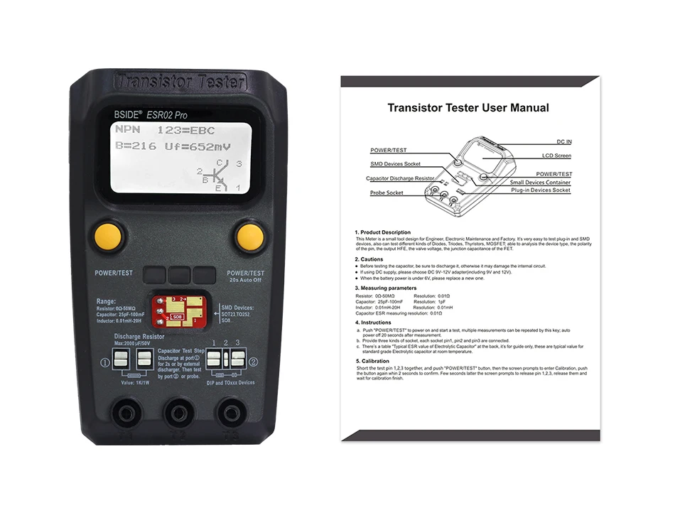 BSIDE ESR02PRO Цифровой транзистор SMD компоненты тест мультиметр Емкость Диод Триод индуктивность мультиметр ESR тест er