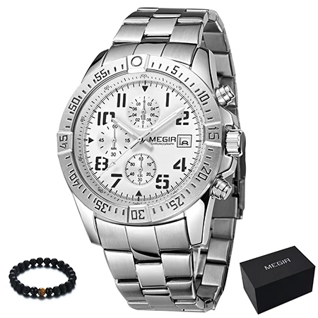 silver white MEGIR часы, мужские Уникальные черные часы, мужские роскошные Брендовые спортивные Кварцевые военные наручные часы из нержавеющей стали, мужские часы - Цвет: silver white