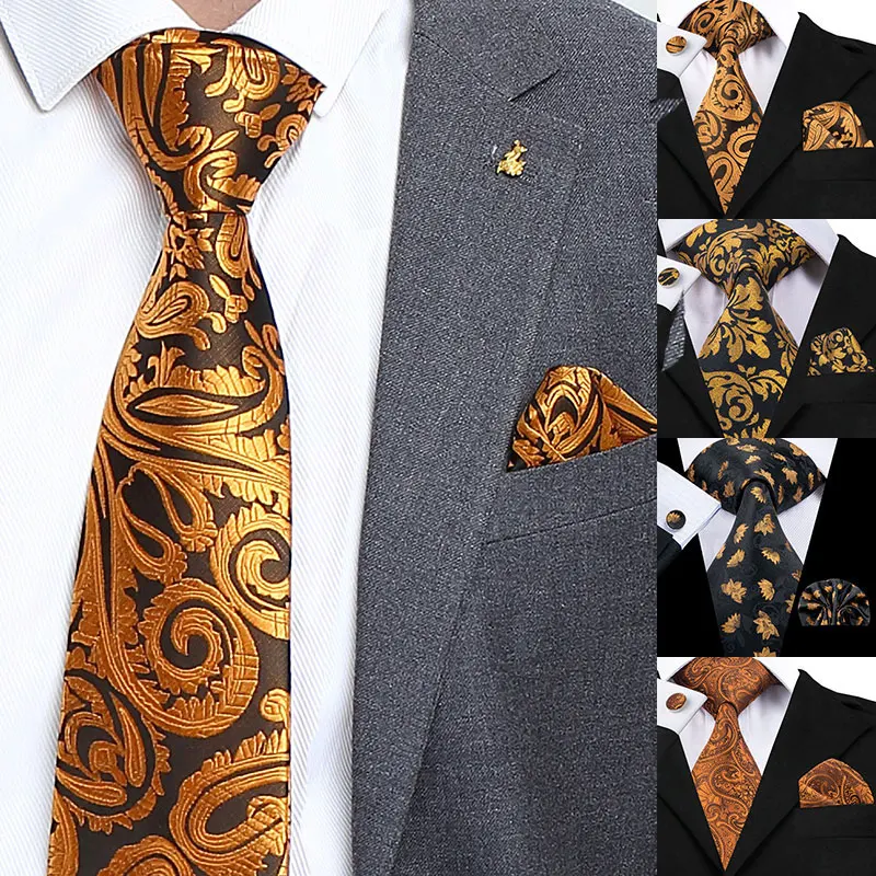 

Hi-Tie Шелковый мужской коричневый Золотой роскошный галстук с цветочным Пейсли мужской галстук и носовой платок мужской свадебный набор мод...