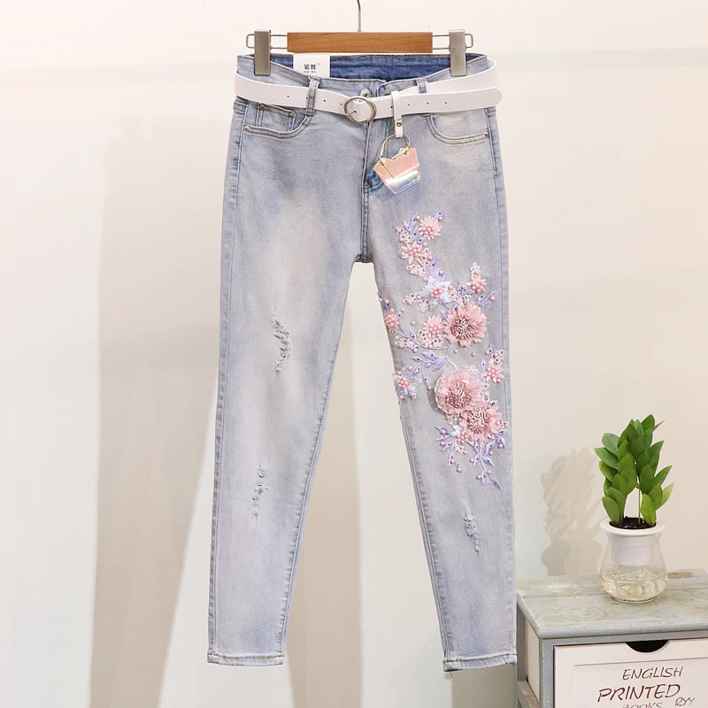 

Jeans Sets In Women's Two Piece Set Spring Clothing New Bead Embroidery Flower Short Sleeve T - Shirt + Denim Jeans Ladies Tops