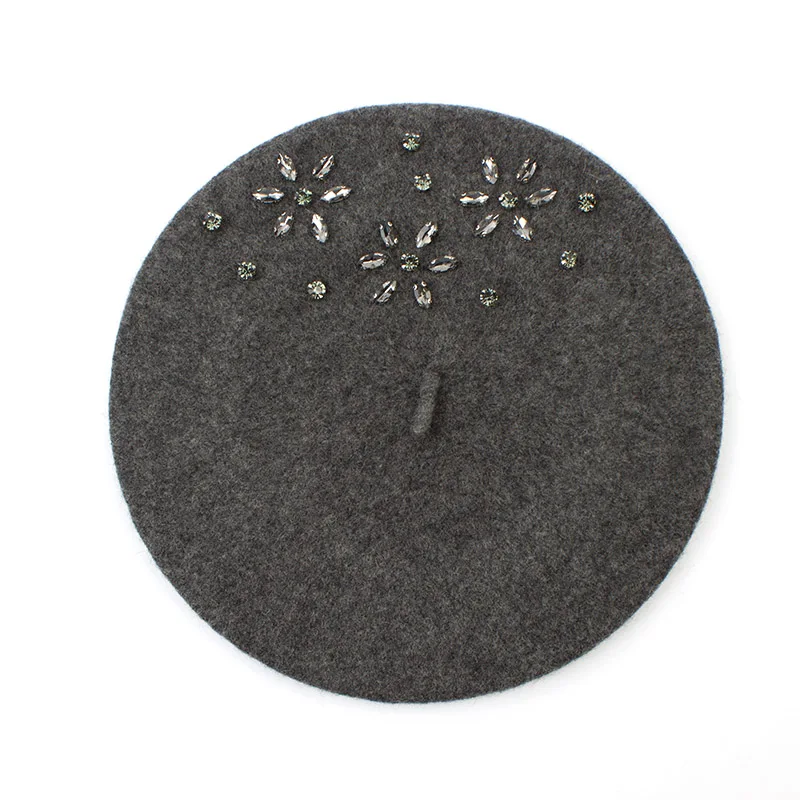 Dark Grey Geebro, женский берет, шапка, модная, однотонная, черная шерсть, вязаные береты, стразы, для девушек, французская художница, вязаная шляпа берет, женская - Цвет: Dark Grey