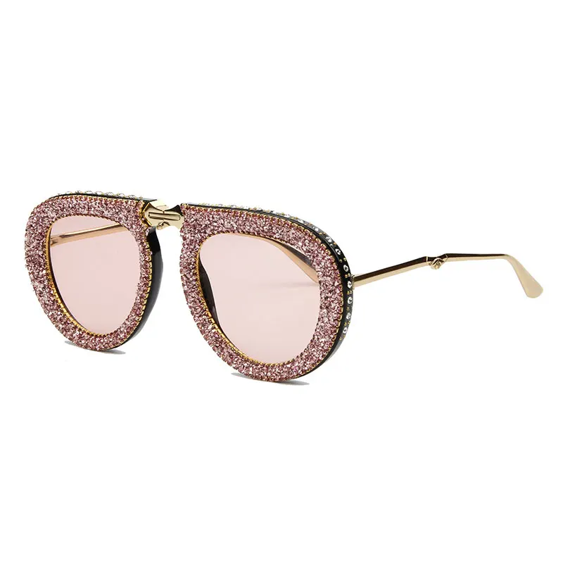 pink Складные портативные стильные солнцезащитные очки wo для мужчин, роскошные брендовые солнцезащитные очки пилота, роскошные стразы, винтажные мужские солнцезащитные очки oculos - Цвет линз: pink