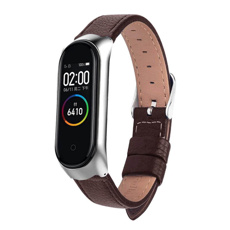 Кожаный браслет на запястье для xiaomi mi Band 4, спортивный ремешок для часов, ремешок на запястье для xiaomi mi band 4, браслет mi band 4, ремешок - Цвет ремешка: DarkBrown-Silver