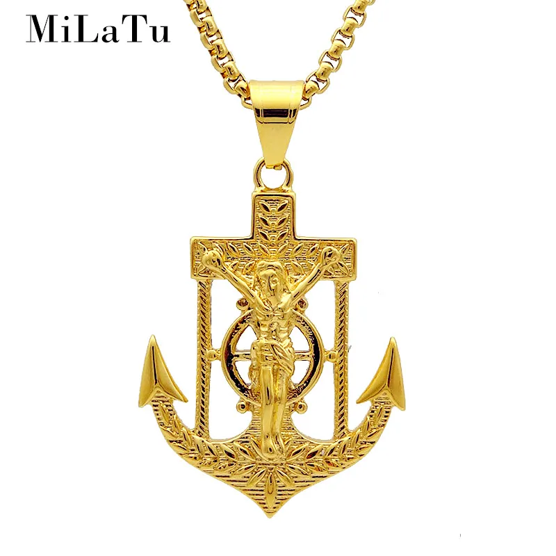 

Dropshipping Creative Jesus Anchor Pendant Necklace Gold Color Stainless Steel Pirate Navy Hook Pendant Men Jewellery NE690G