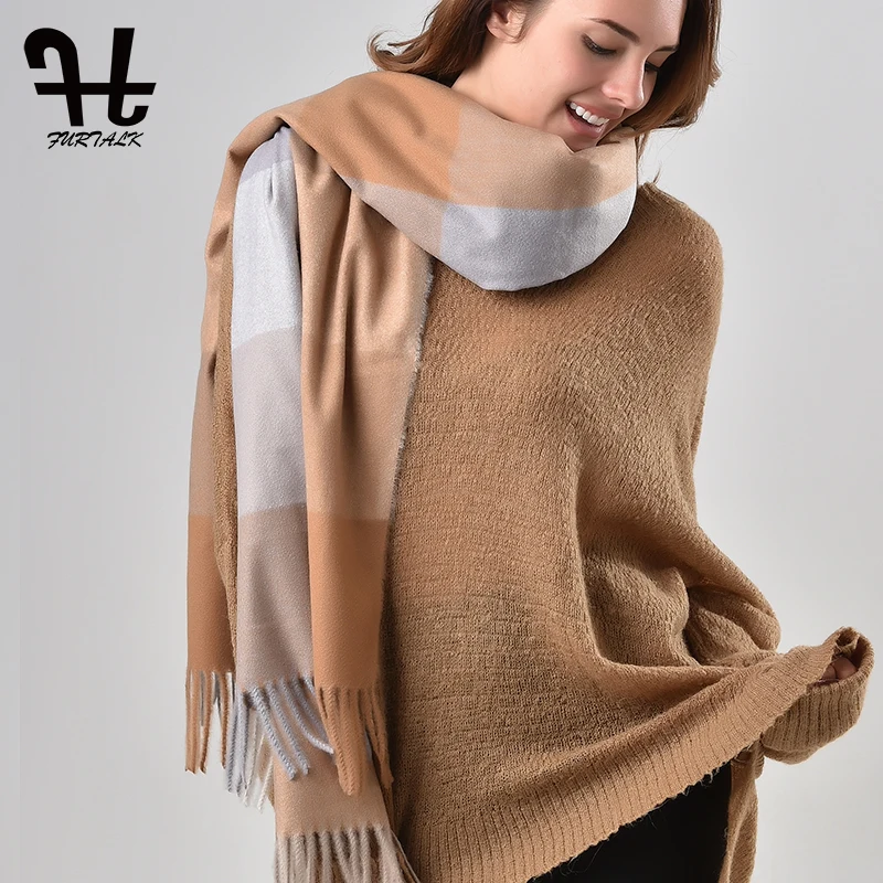 Шерстяной клетчатый шарф FURTALK для женщин зимний роскошный брендовый шарф-пончо
