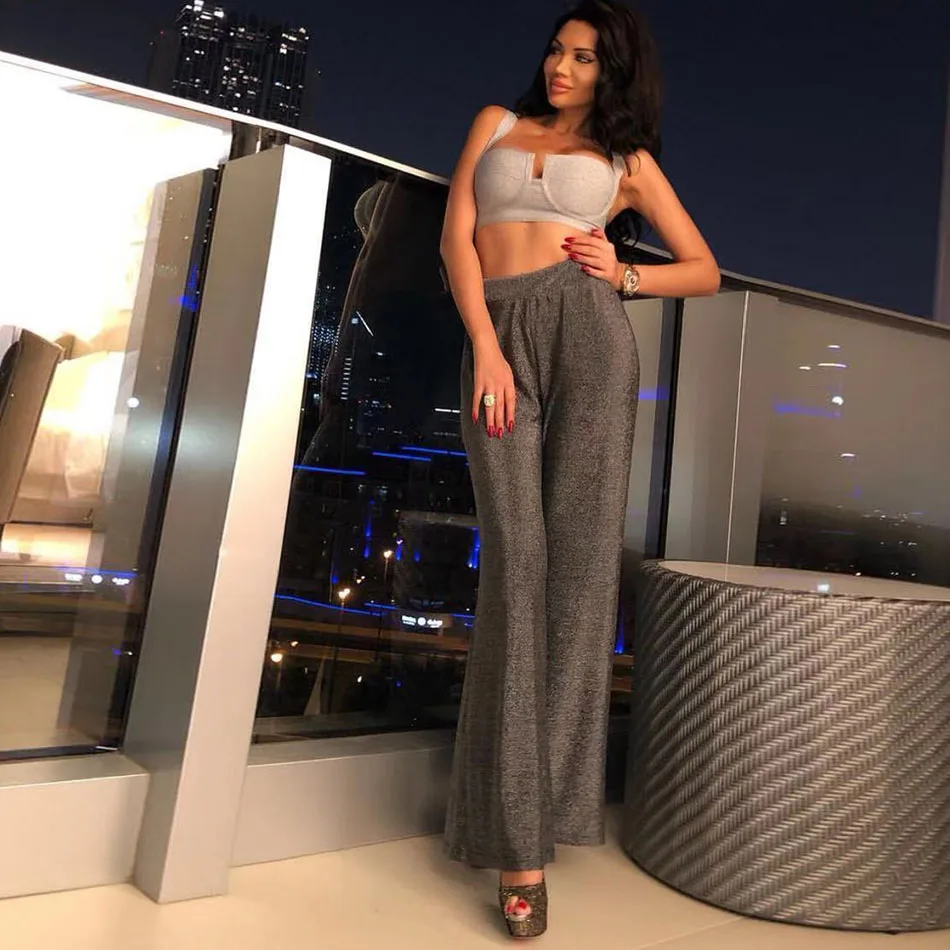 Женский серебристый Блестящий бюстгальтер широкие брюки длинные из 2 предметов