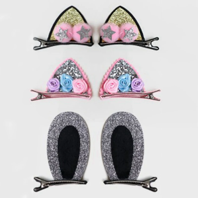 2pcs/Set Children Girls Cute Hair Clips Lovely Fashion Cat Ears Bunny Kids Accessories Pompom Glitter Flowers Hairpins | Мать и ребенок