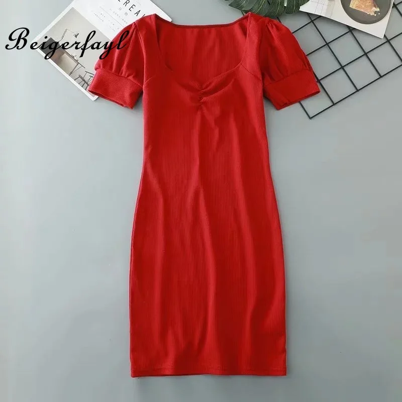 Beigerfayl 2019 новые летние Винтаж платье с квадратным вырезом Slim Fit короткий рукав