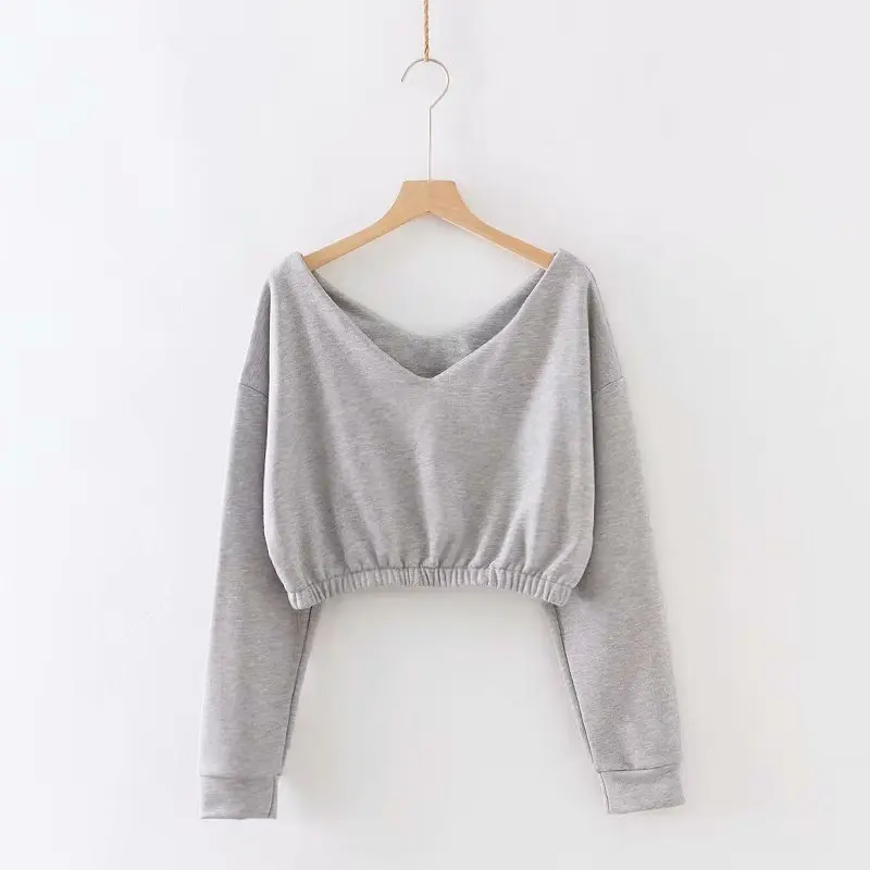 Глубокий V Neck Crop кофты Для женщин красный с длинным рукавом Sexy толстовки каваи