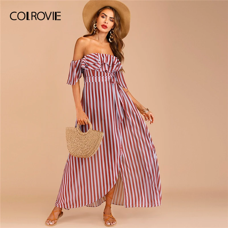 COLROVIE, Полосатое, с поясом, многослойное, с оборками, с открытыми плечами, бохо, макси платье для женщин,, летнее, с высокой талией, для отпуска, женские платья