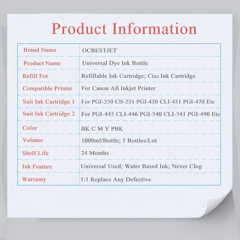 

5x1000ml Refill Dye Ink For Canon TS5040 IP4300 MG8120 MG5440MX727 MX921 IP7240 PIXMA Series Printer Ciss Ink Dye Ink For Canon