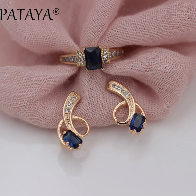 PATAYA, Новое поступление, эксклюзивный дизайн, 585, розовое золото, длинные серьги, кольца, наборы, квадратные, темно-синие, натуральный циркон, женские Этнические украшения