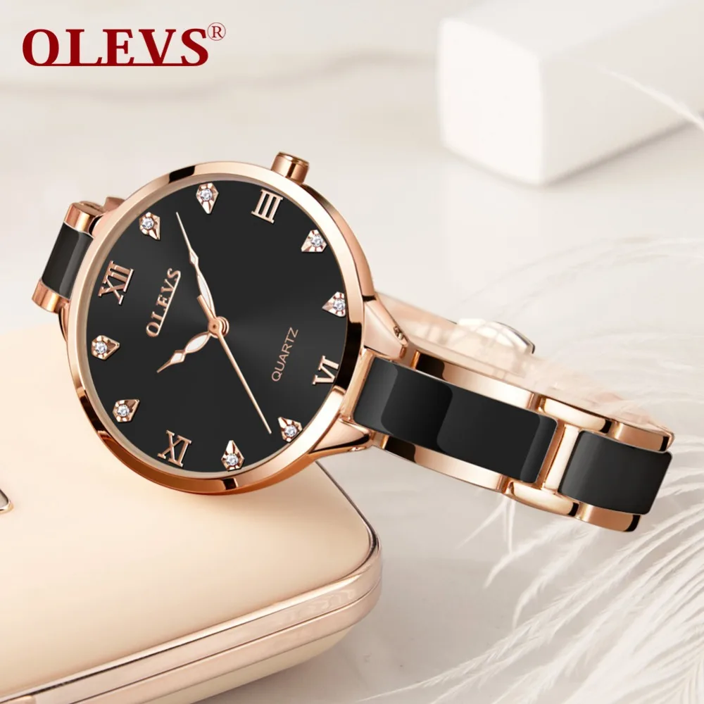 OLEVS Ladies Ceramic Watches Lady Rose Gold Women Dress Watch Luminous Black Steel Strap Womens Wrist Watches Gifts reloj mujer