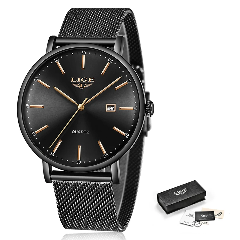 Часы LIGE мужские модные тонкие кварцевые водонепроницаемые спортивные
