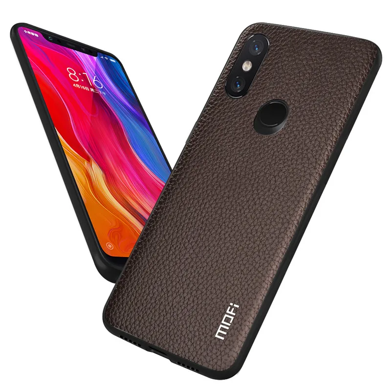 Brown MOFi чехол для телефона для Xiaomi mi 8 задняя крышка для Xio mi 8 корпус из искусственной кожи чехол для mi 8 личи встроенный Coque, роскошный Капа - Цвет: Brown