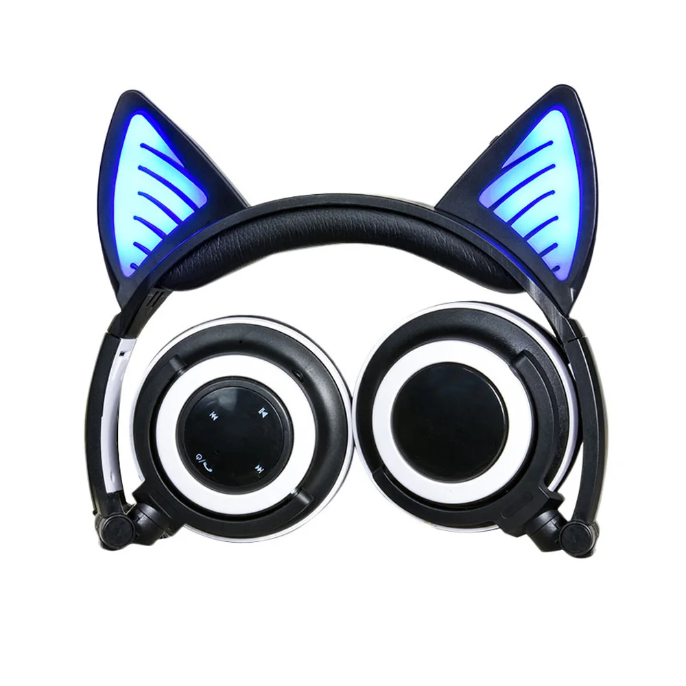 Новые милые кошачьи ушки, мигающие наушники, стерео Bluetooth наушники, косплей, Накладные наушники с шумоподавлением, складные для смартфона - Цвет: Черный