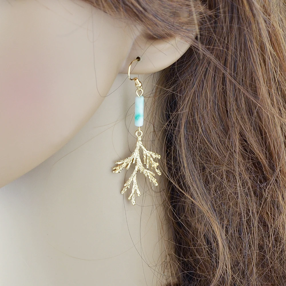 FANHUA New Arrival Brand Earrings Gold-Color Metal with White Green Stone Tree Branches Dangle for Women | Украшения и аксессуары