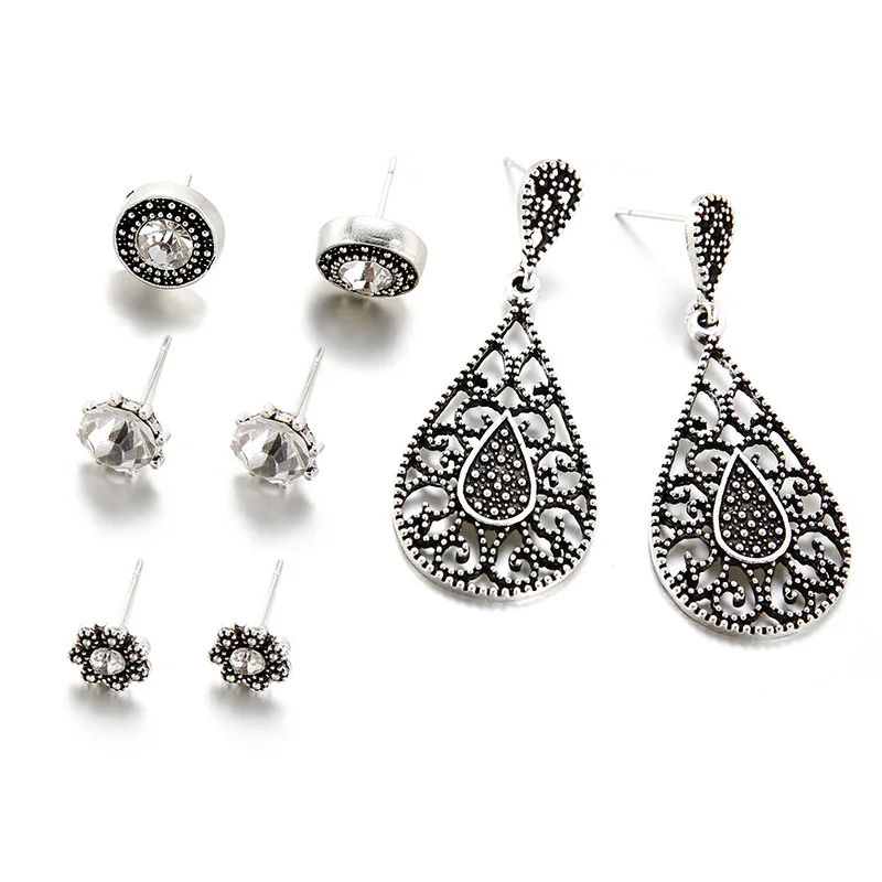 

40 Pairs/lot Stud Earrings Women Crystal Long Earing Set Antique Silver Color Round Waterdrop Hollow Flower Jewelry Wholesale