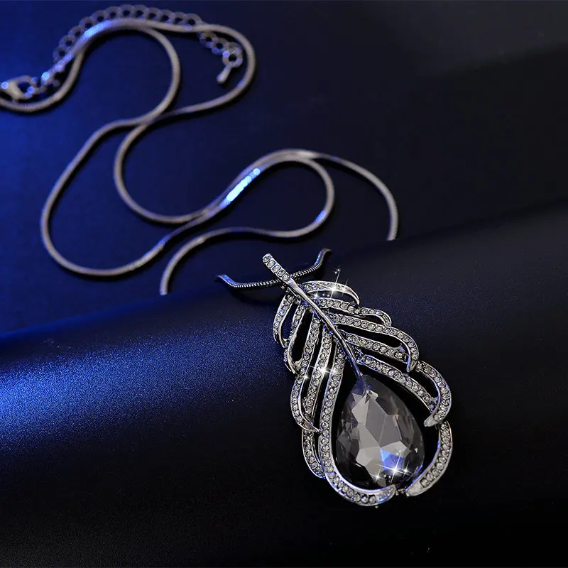 

BYSPT Fashion Necklace For Silver Color Women Crystal Rhinestone Jewelry Leaf Vintage Long Necklace