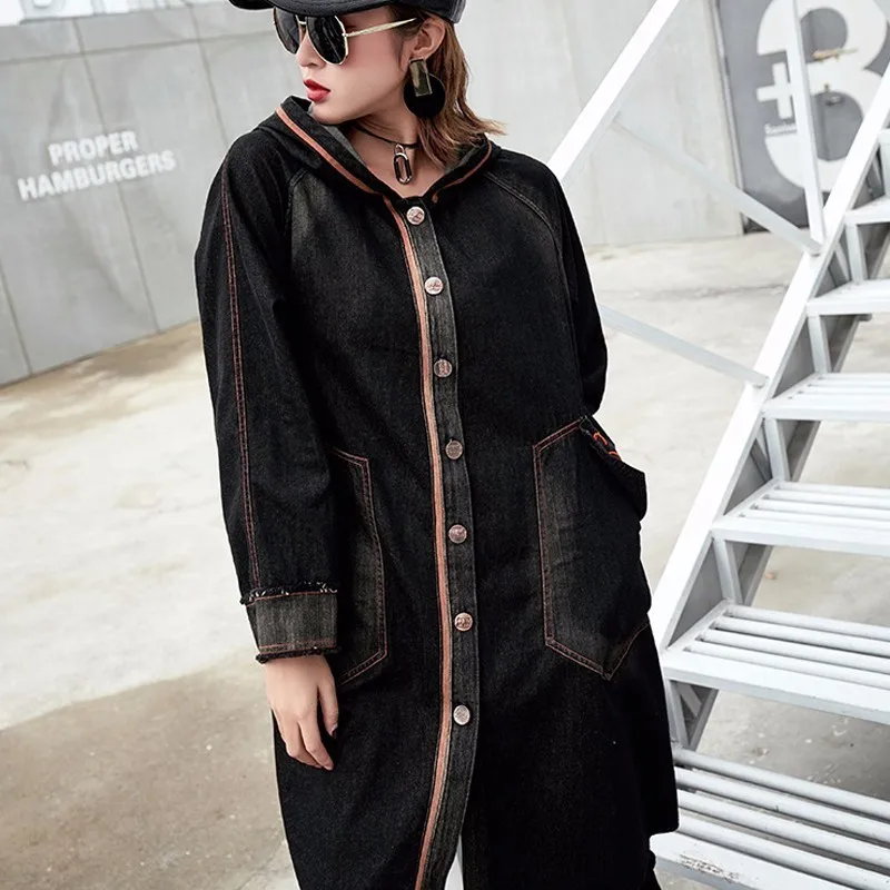Тренчкот женский джинсовый с капюшоном и вышивкой на весну|long windbreaker|hooded trench