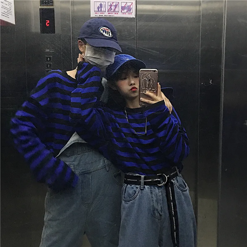 YouGeMan футболка Femme весенняя одежда Harajuku Корейская уличная черная полосатая футболка Ulzzang женская футболка с длинным рукавом Топы