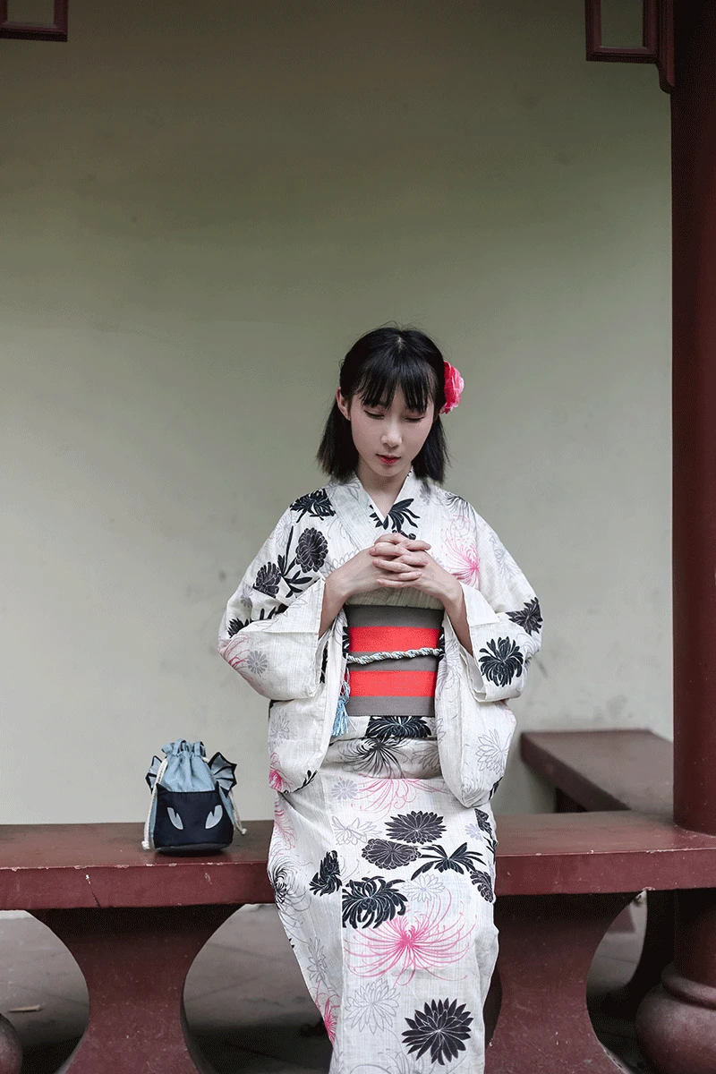 Ladies Imitation Linen Chemical Fiber Fabric Modified Version of Kimono Bathrobe Set Daisy Stem Traditional | Тематическая одежда