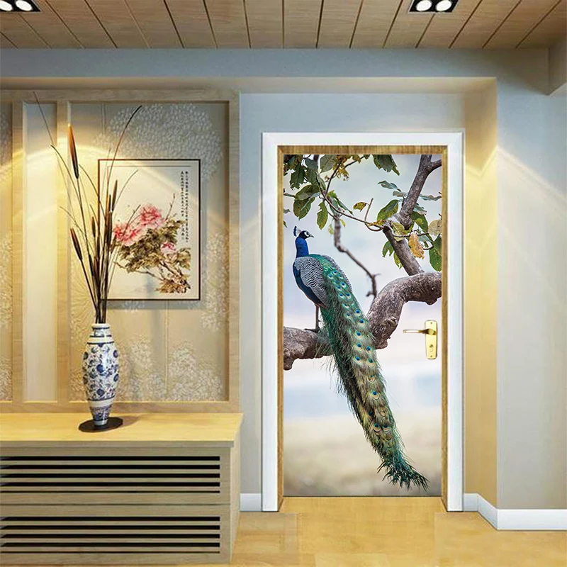 

3d Vivid Colourful Animals Peacock On Branch Feathers Door Stickers Wallpaper Decals Art Decal Poster Animals Home Decor