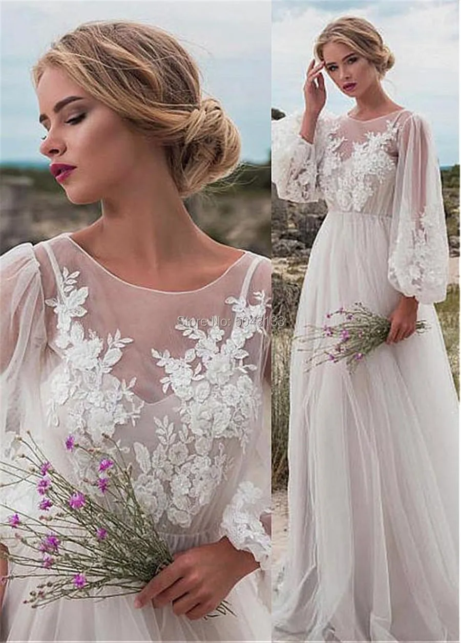 Сказочное… из тюли Совок ТРАПЕЦИЕВИДНОЕ ПЛАТЬЕ Boho свадебный наряд с Фонари рукава кружевное свадебное платье с аппликациеми Формальные пляжное платье F106