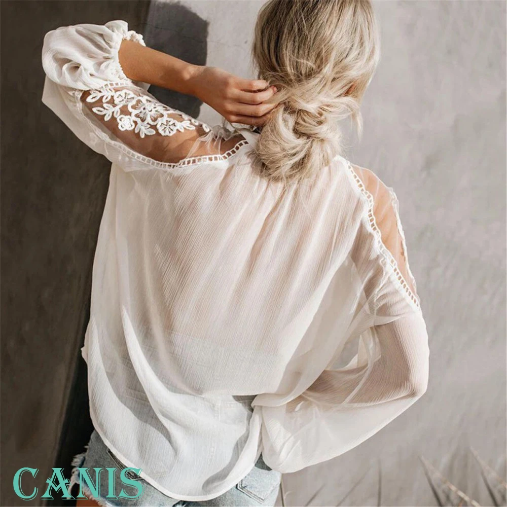 

Women Summer Lace Casual Tops Hollow Out Solid Long Sleeve Blouse Shirt Tee