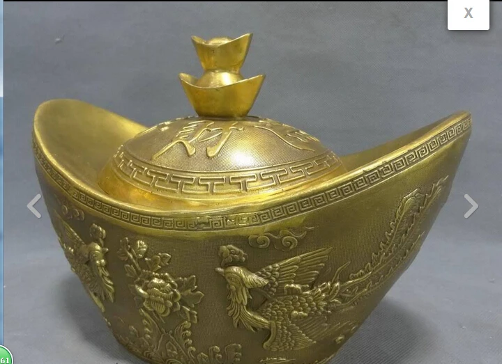 564++10&quot Folk Chinese Pure Brass Buddhist Dragon Phoenix Statue Wealth YuanBao Box | Дом и сад