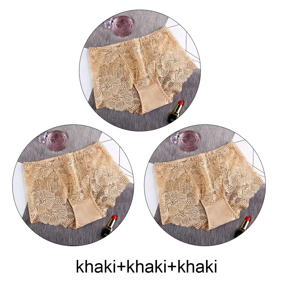 khaki X 3 3 шт., женские трусы, партия, сексуальные кружевные трусы с высокой талией, прозрачное дышащее нижнее белье, бесшовное белье, Cullote Femme L-XXL - Цвет: khaki X 3