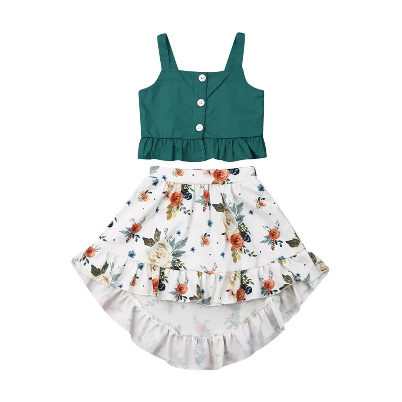 

Kids Baby Girl Outfits Summer Clothes Sets Beach Style Sling Button Crop Tops Tops Floral Ruffles Skirts 2Pcs Girl Clothing 1-5Y