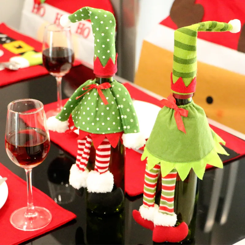 Creative Gift Bags Christmas Dot Stripe Dress Pattern Red Wine Bottle Cover Dining Table Decoration Party XMAS