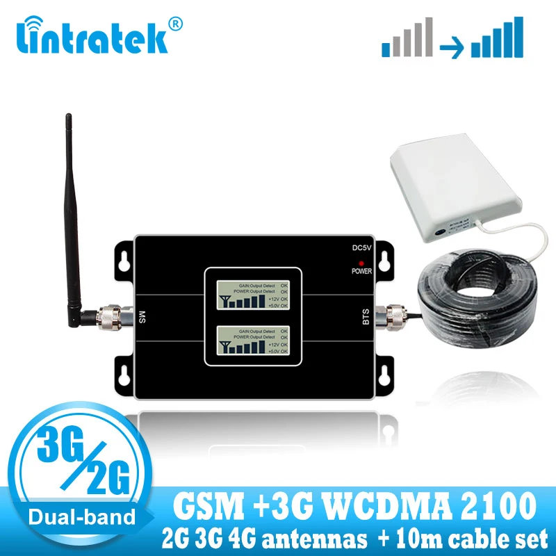 Lintratek GSM 900 WCDMA 2100 Усилитель сотового сигнала Двухдиапазонный 2G 3g ретранслятор