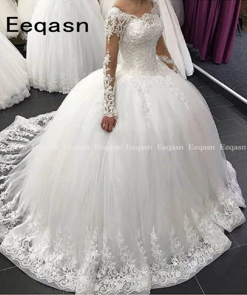 

2020 Ball Gown Wedding Dresses Illusion Long Sleeves Lace Applique Floor Length Arabic Gown Bridal Dress Vestido de Noiva