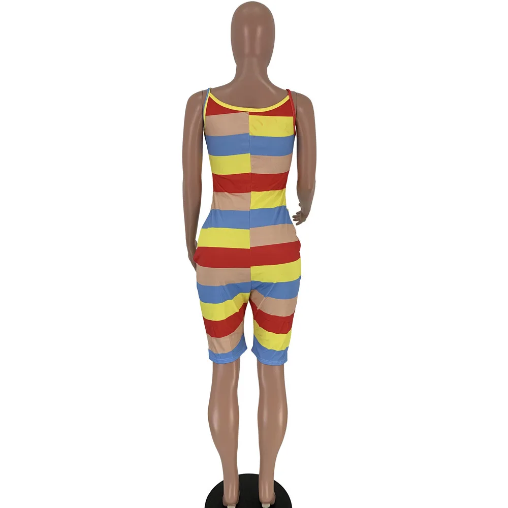 

AOOHU color Striped Print Sexy Jumpsuits For Women v-neck Sleeveless Party Bodysuit Summer High Waist Backless Beach Long Romper