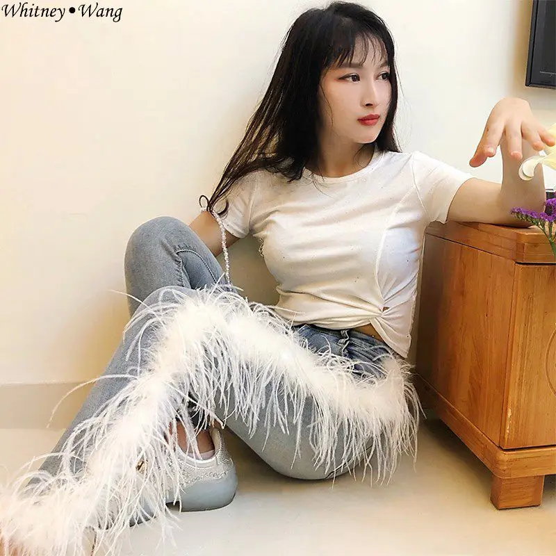 WHITNEY WANG Летняя мода уличная одежда страусиные перья дыры джинсы женские стильные джинсовые брюки - Цвет: Синий