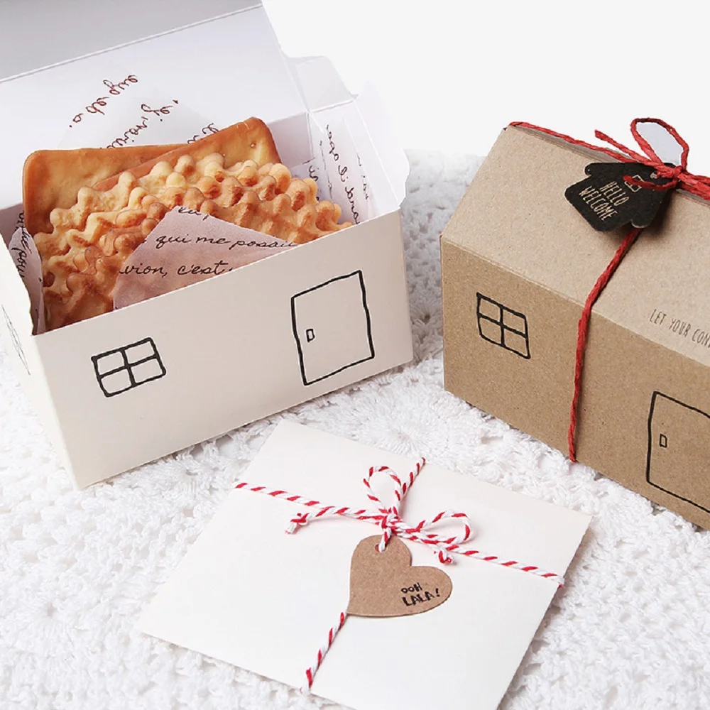 Caja de papel con diseño de casa para comida, paquete de dulces de papel kraft natural blanco, 2 colores a elegir, 10 unidades